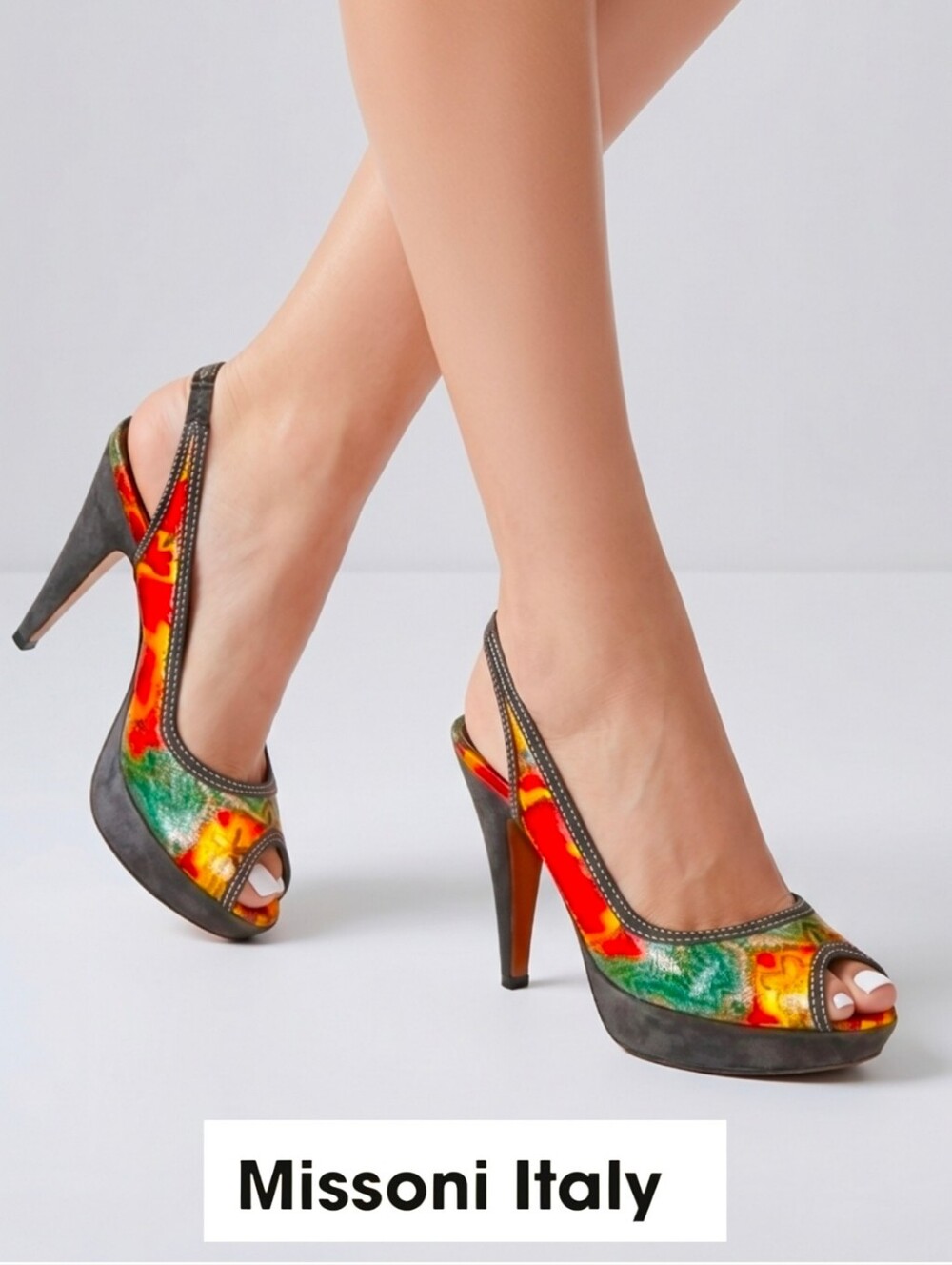 Missoni Italy Made Womens 6.5 Leather Peep Toe Slingback Platform Pumps